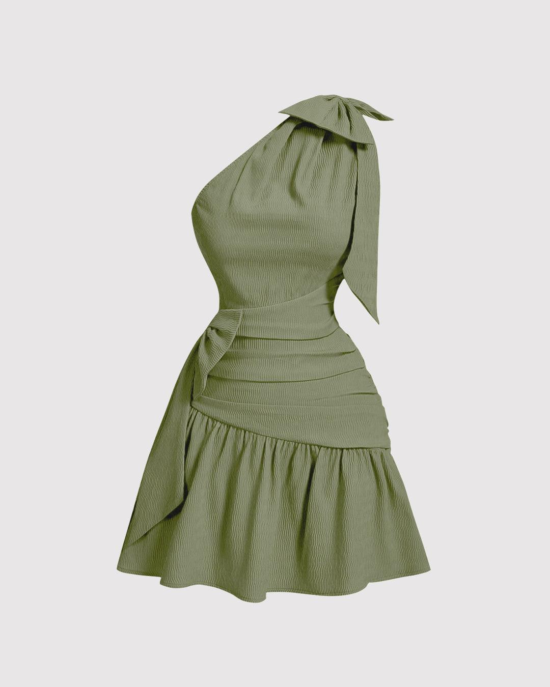Asymmetrical Neck Bow Tie Cropped Waist Mini Dress In Herbal Green