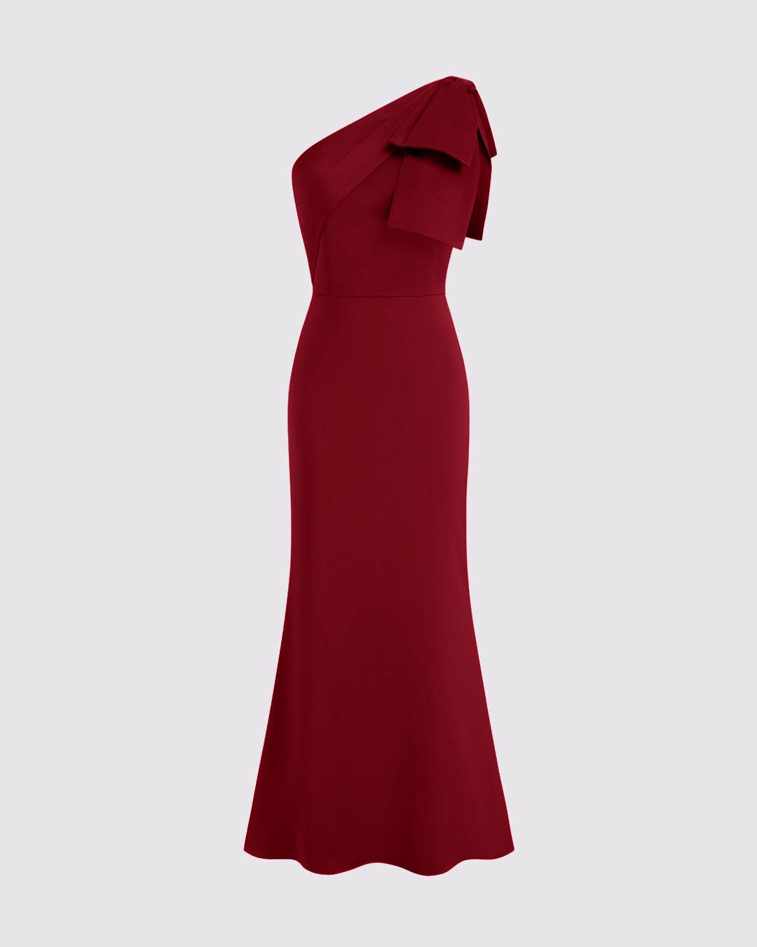 Asymmetrical Neck Bowknot Maxi Dress In Burgundy