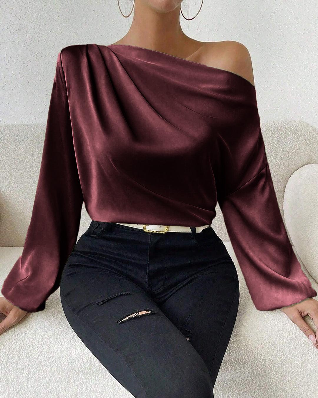 Asymmetrical Neck Lantern Sleeve Satin Blouse In Wine