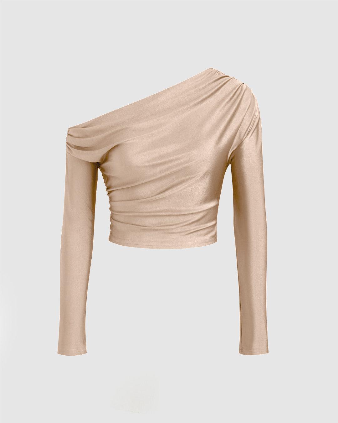 Asymmetrical Neck Long Sleeve Crop Top & Mid Rise Ruched Maxi Skirt In Peach