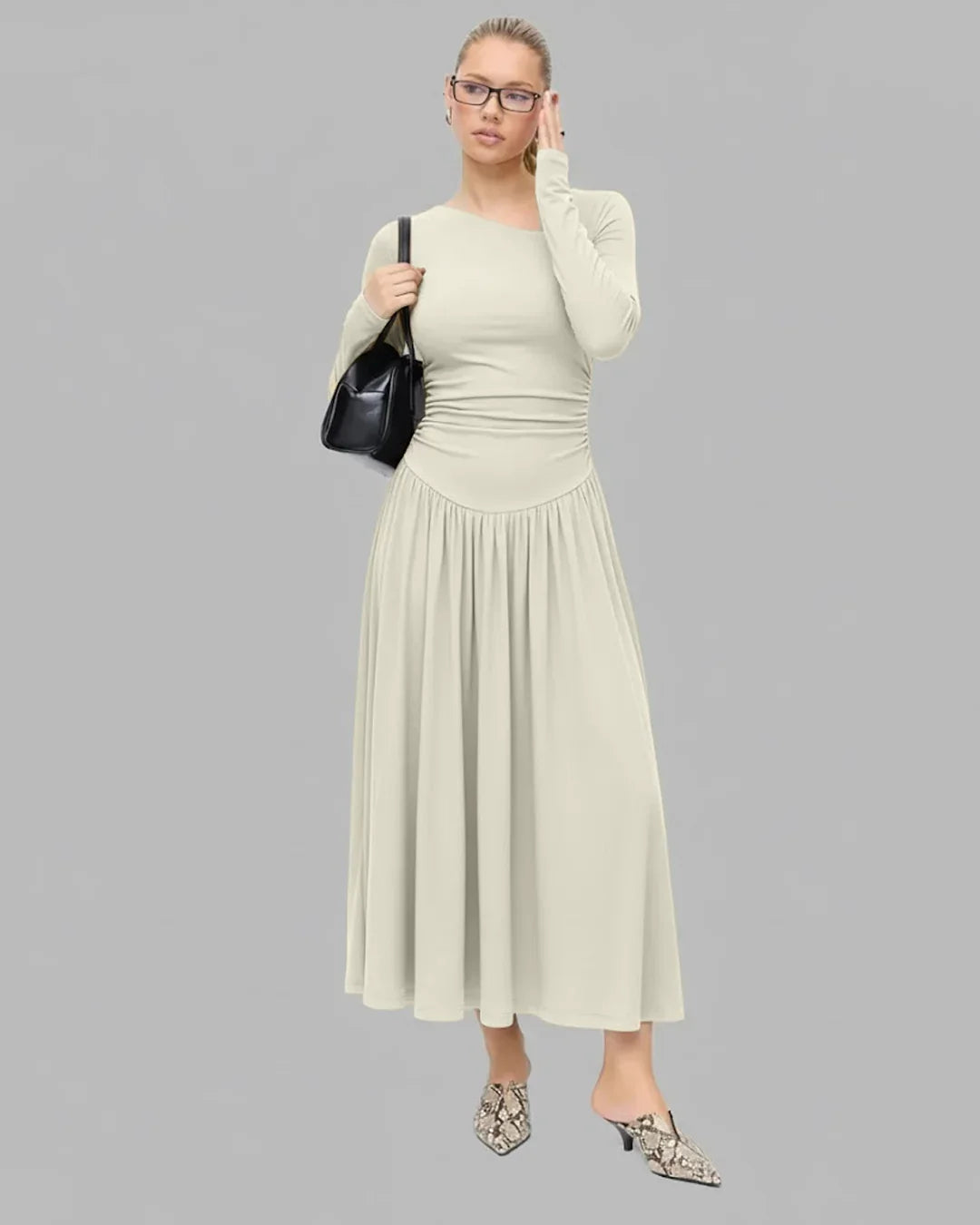 Asymmetrical Neck Long Sleeve Ruched Maxi Dress in Milky White
