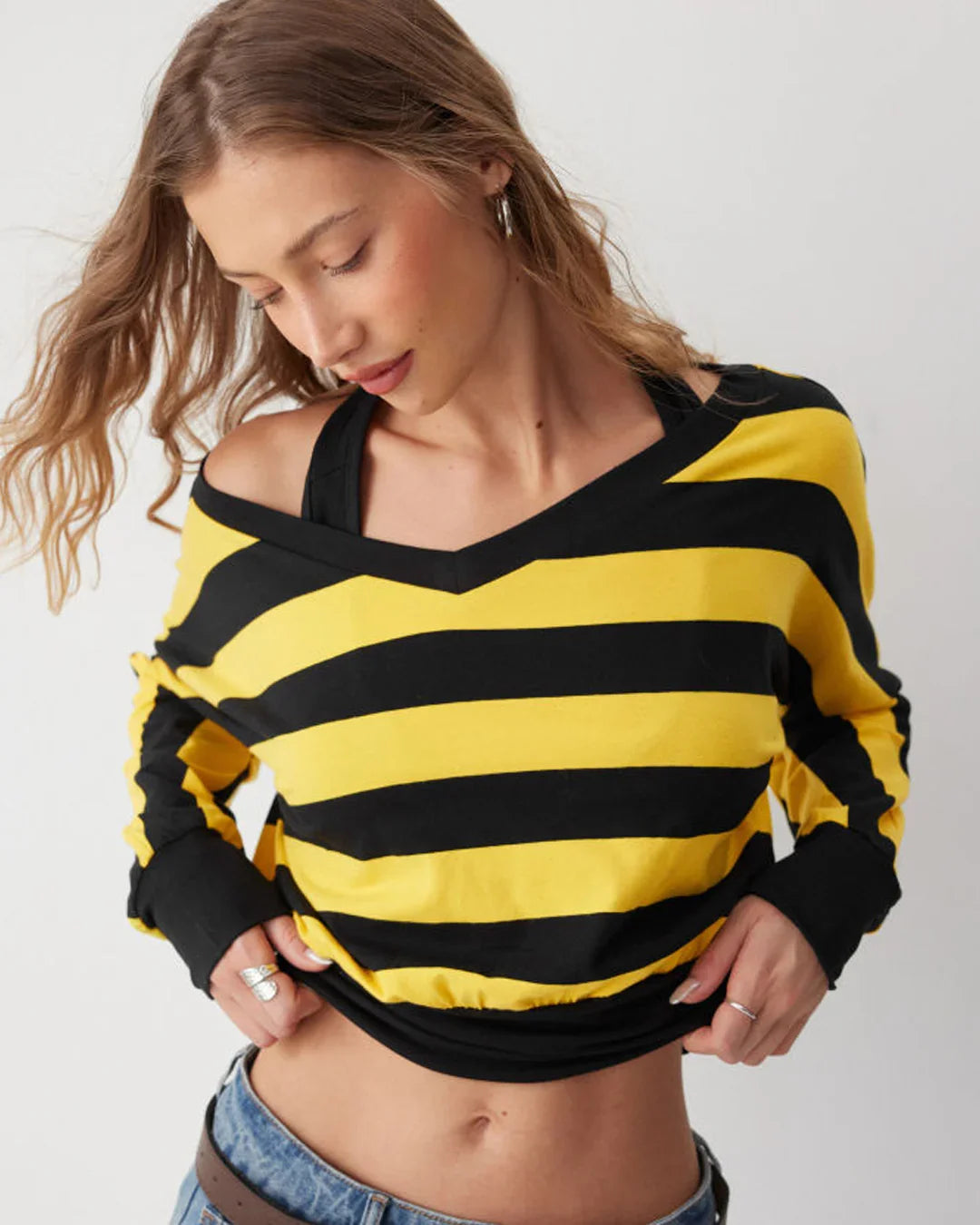 Asymmetrical Neck Long Sleeve Striped Two Tone Top