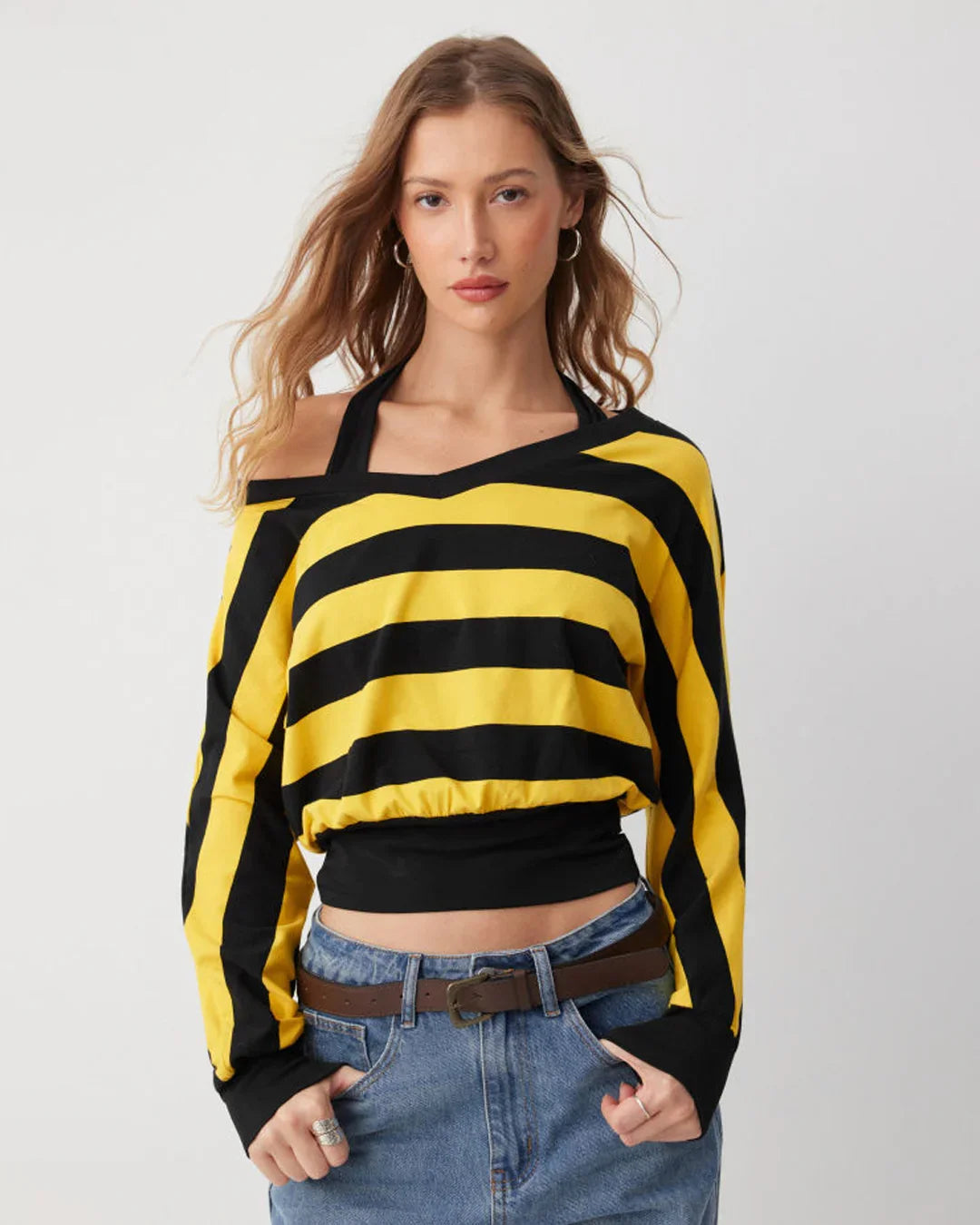 Asymmetrical Neck Long Sleeve Striped Two Tone Top
