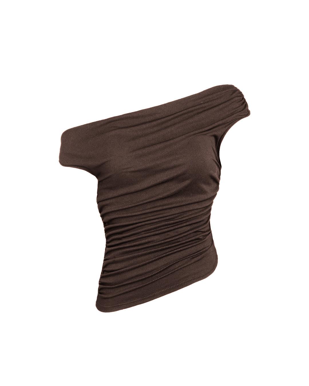 Asymmetrical Neck Ruched Brown Crop Top