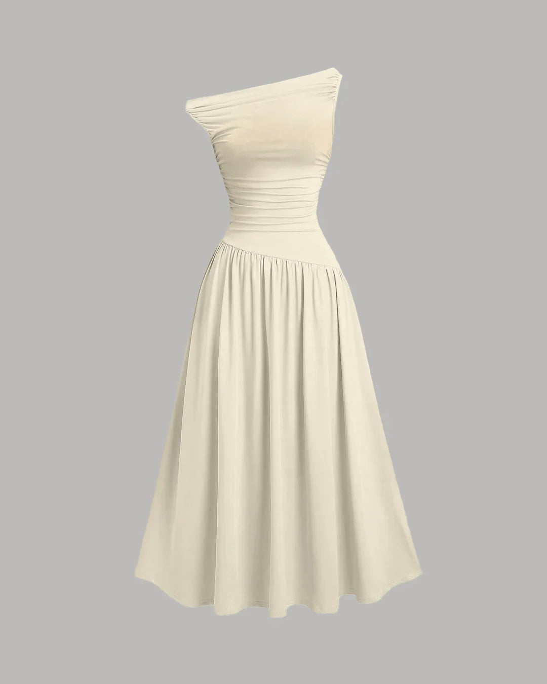 Asymmetrical Neck Ruched Fit Beige Midi Dress