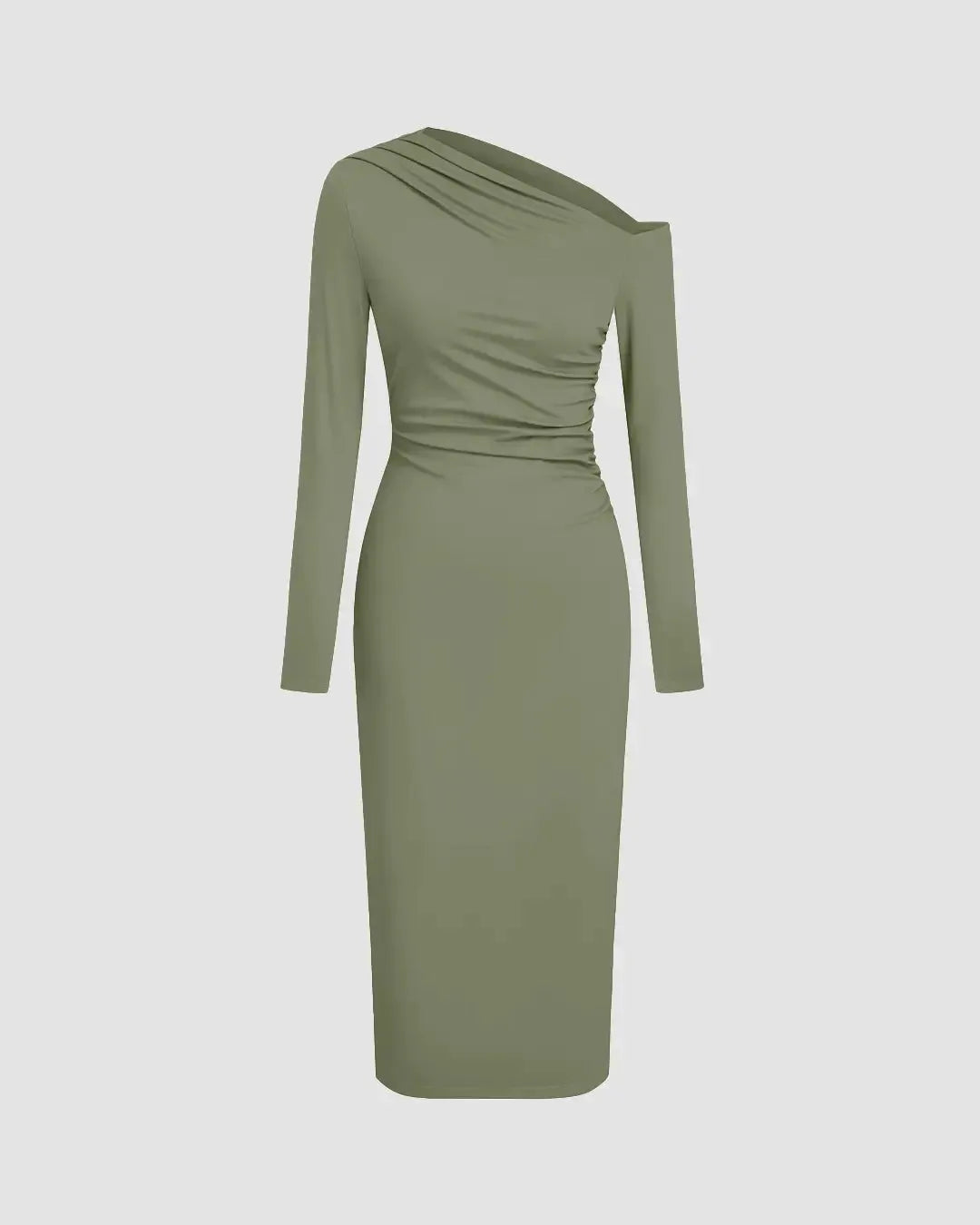 Asymmetrical Neck Ruched Midi Dress In Herbal Green