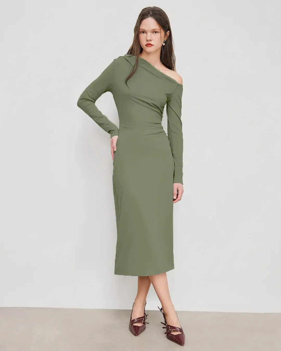 Asymmetrical Neck Ruched Midi Dress In Herbal Green