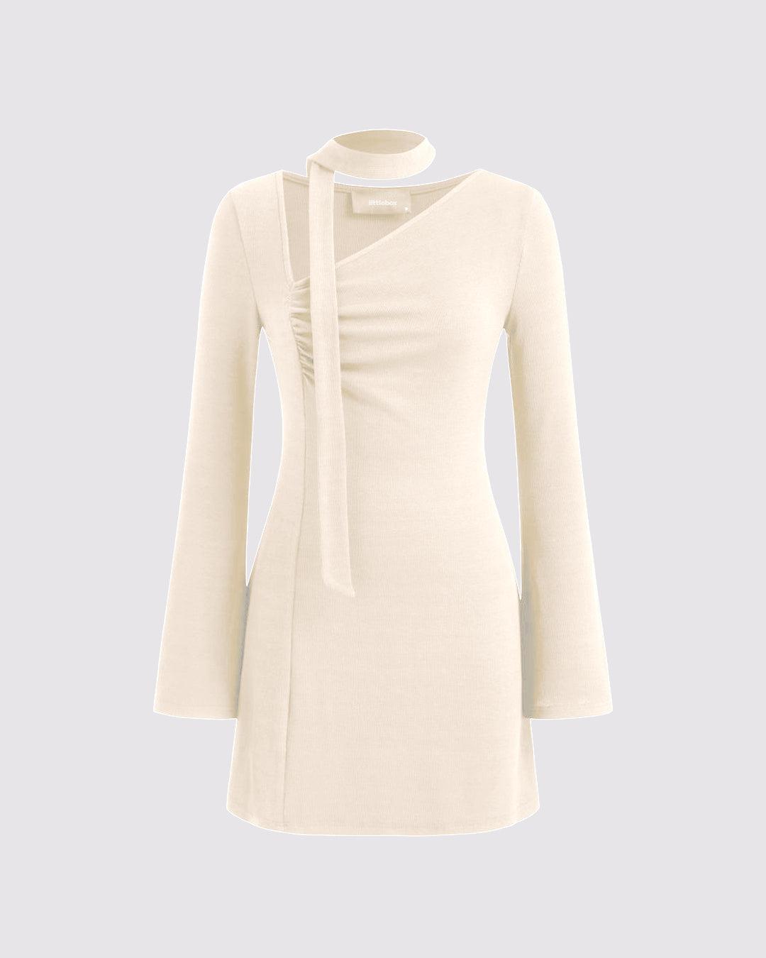 Asymmetrical Neck Ruched Mini Dress With Scarf In Off-White