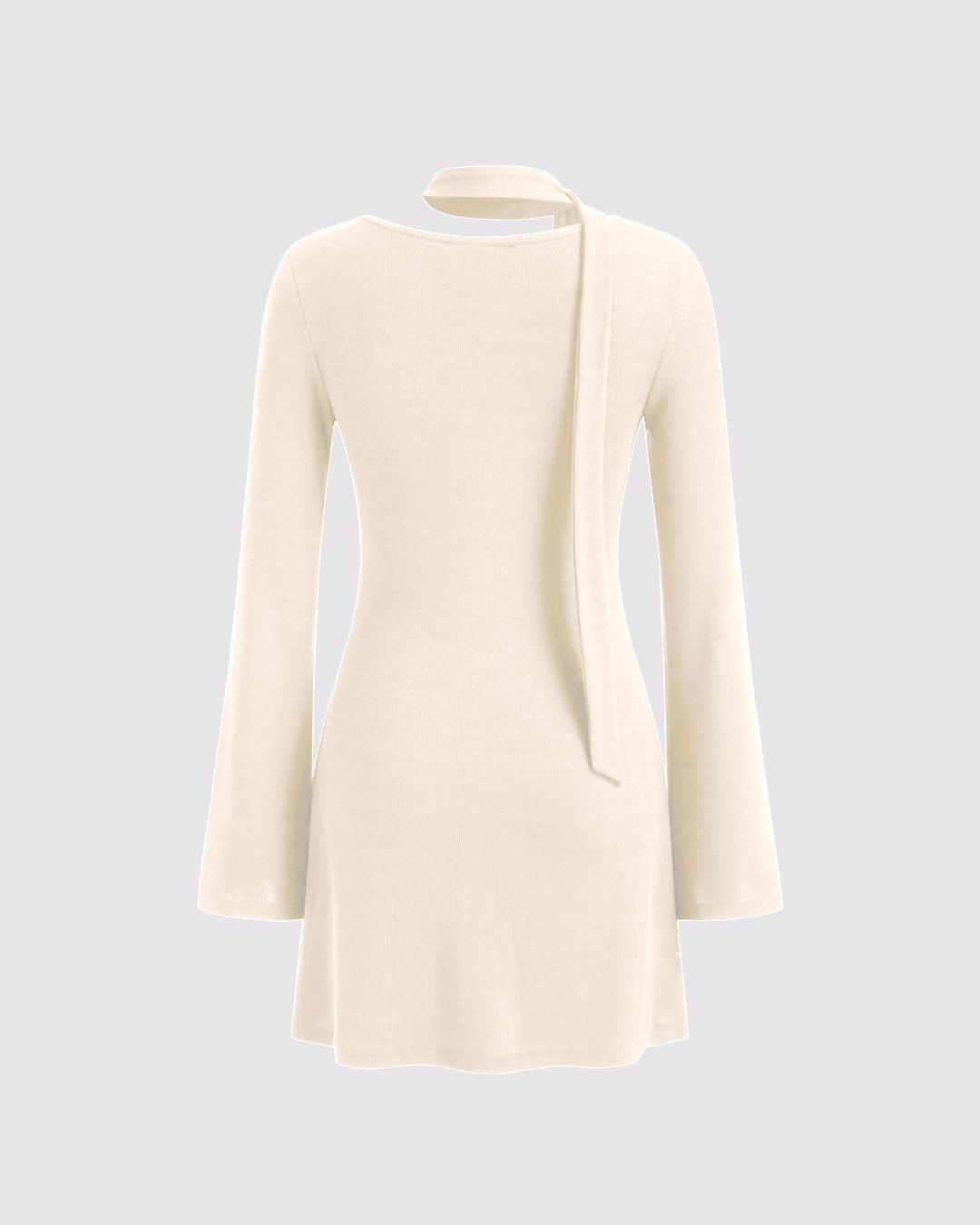 Asymmetrical Neck Ruched Mini Dress With Scarf In Off-White