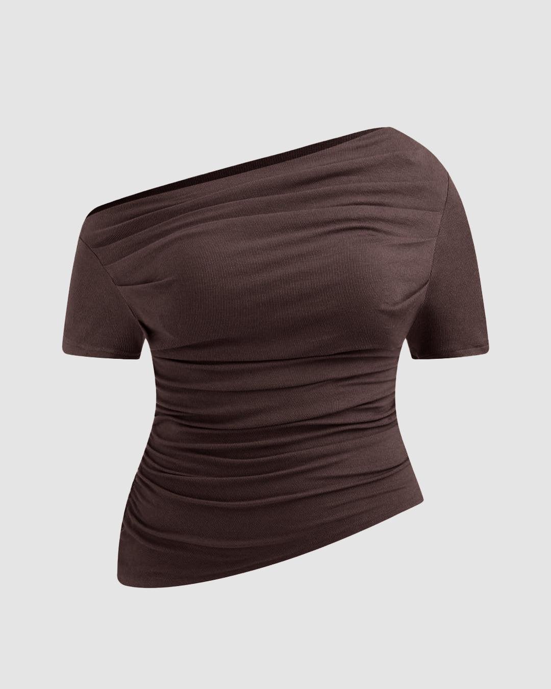Asymmetrical Neck Ruched Short Sleeve Brown Top Curve & Plus