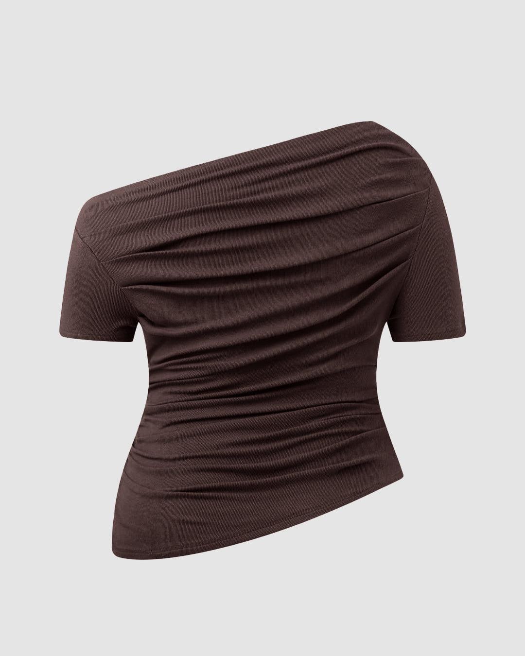 Asymmetrical Neck Ruched Short Sleeve Brown Top Curve & Plus