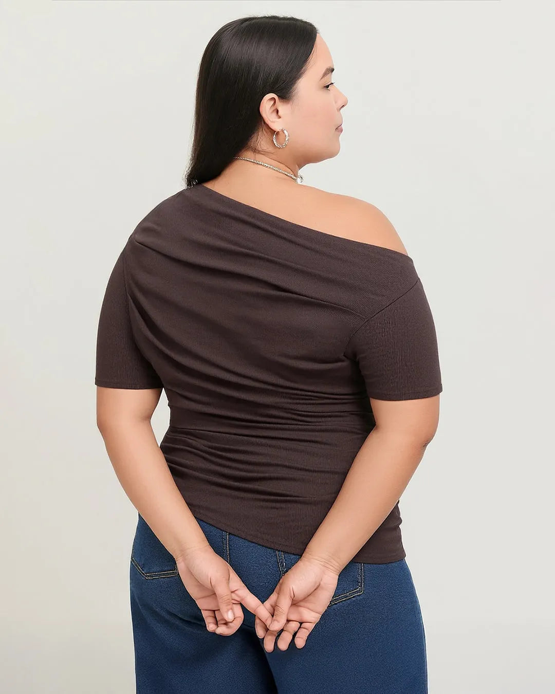 Asymmetrical Neck Ruched Short Sleeve Brown Top Curve & Plus