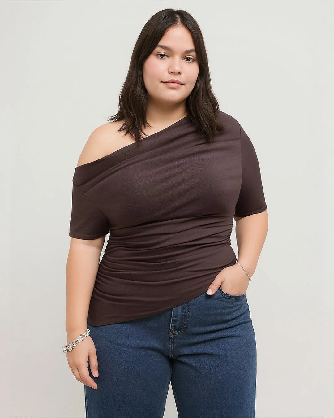 Asymmetrical Neck Ruched Short Sleeve Brown Top Curve & Plus