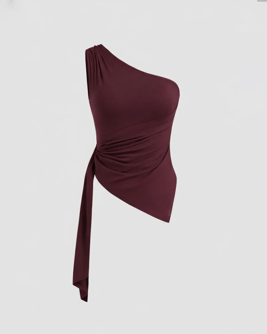 Asymmetrical Neck Ruched Tank Top in Maroon