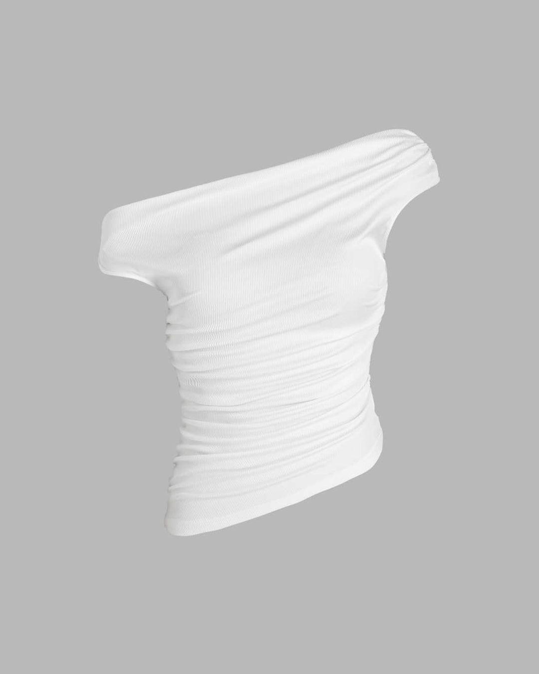 Asymmetrical Neck Ruched White Crop Top