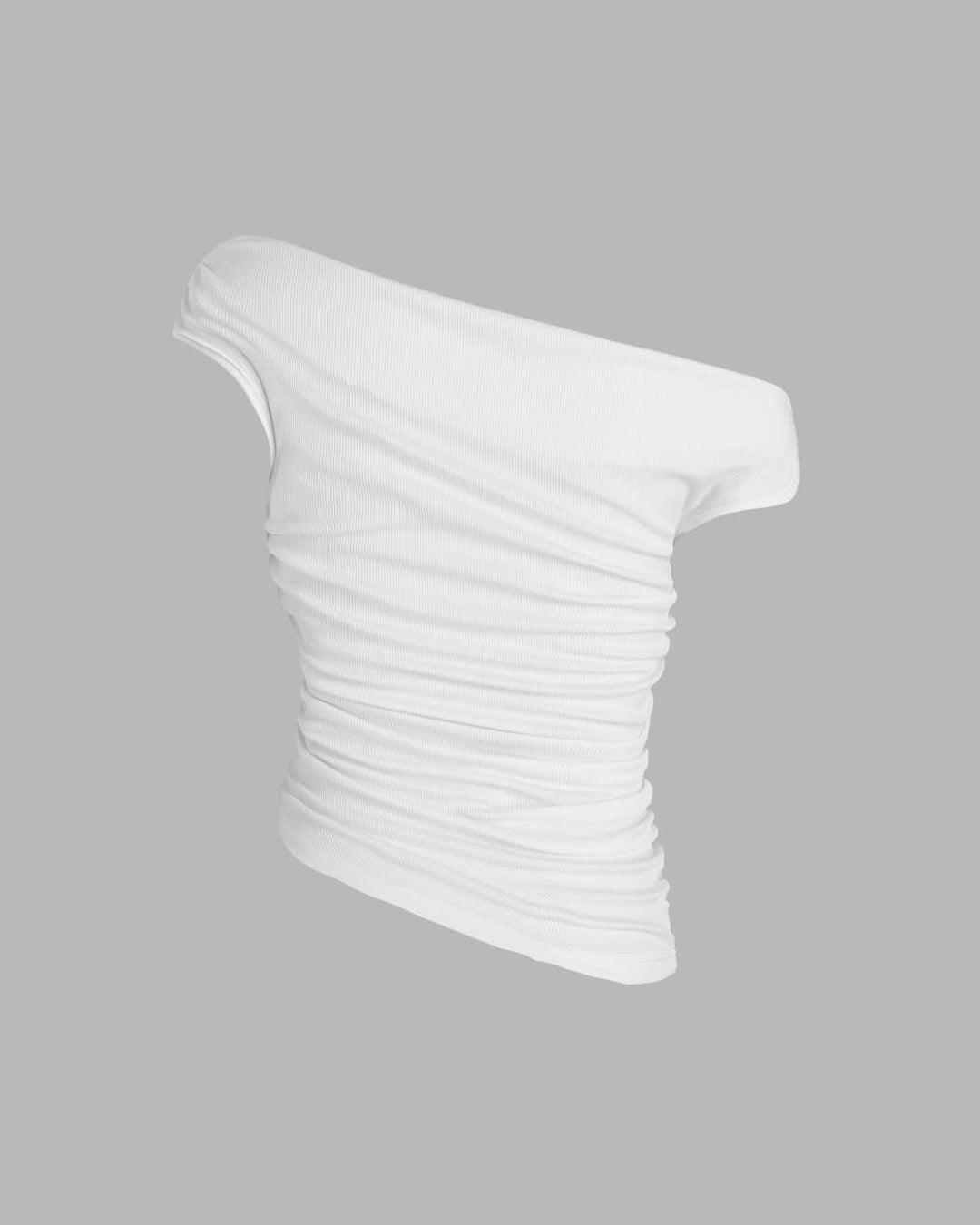 Asymmetrical Neck Ruched White Crop Top
