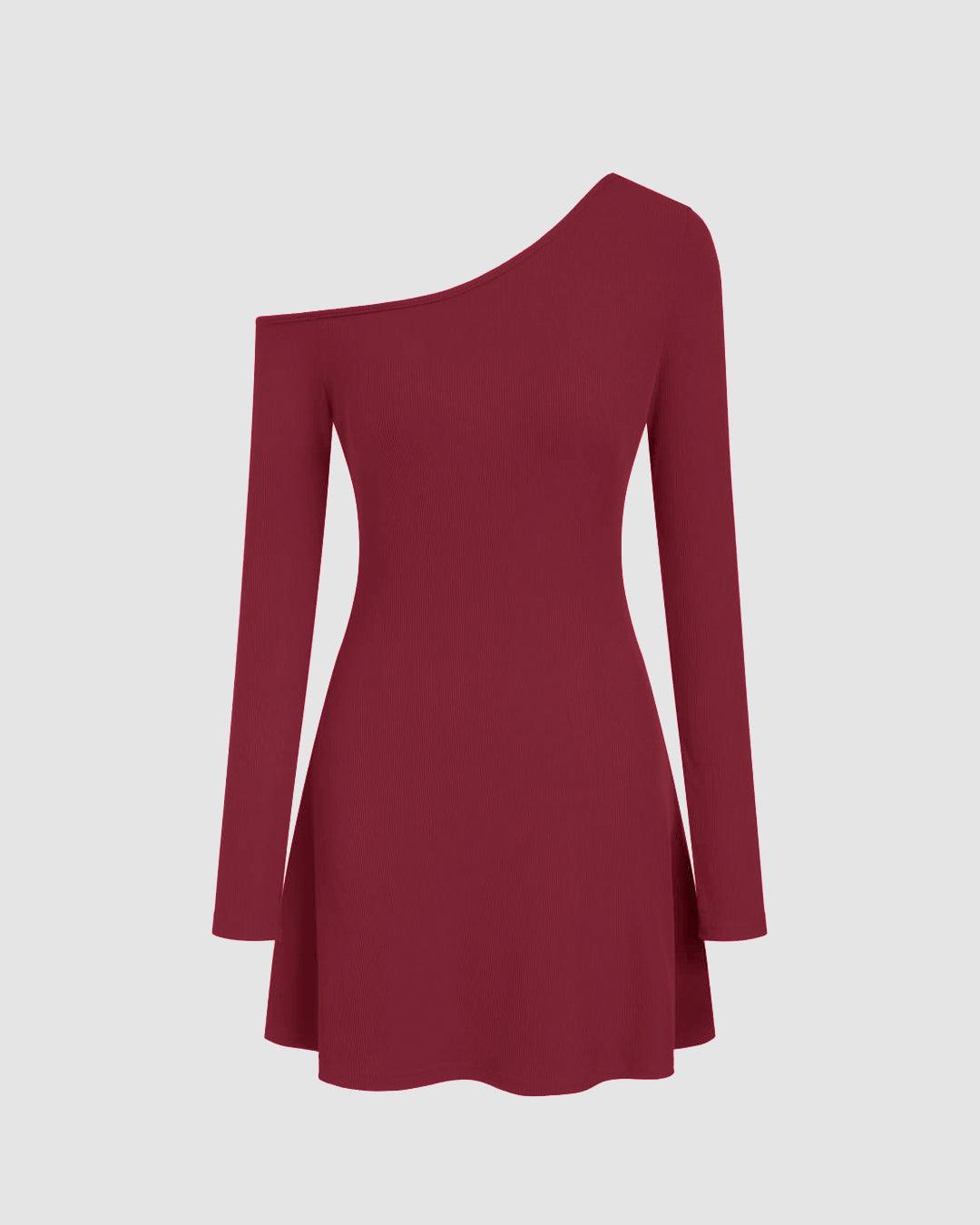 Asymmetrical Neck Ruffle Mini Dress In Maroon