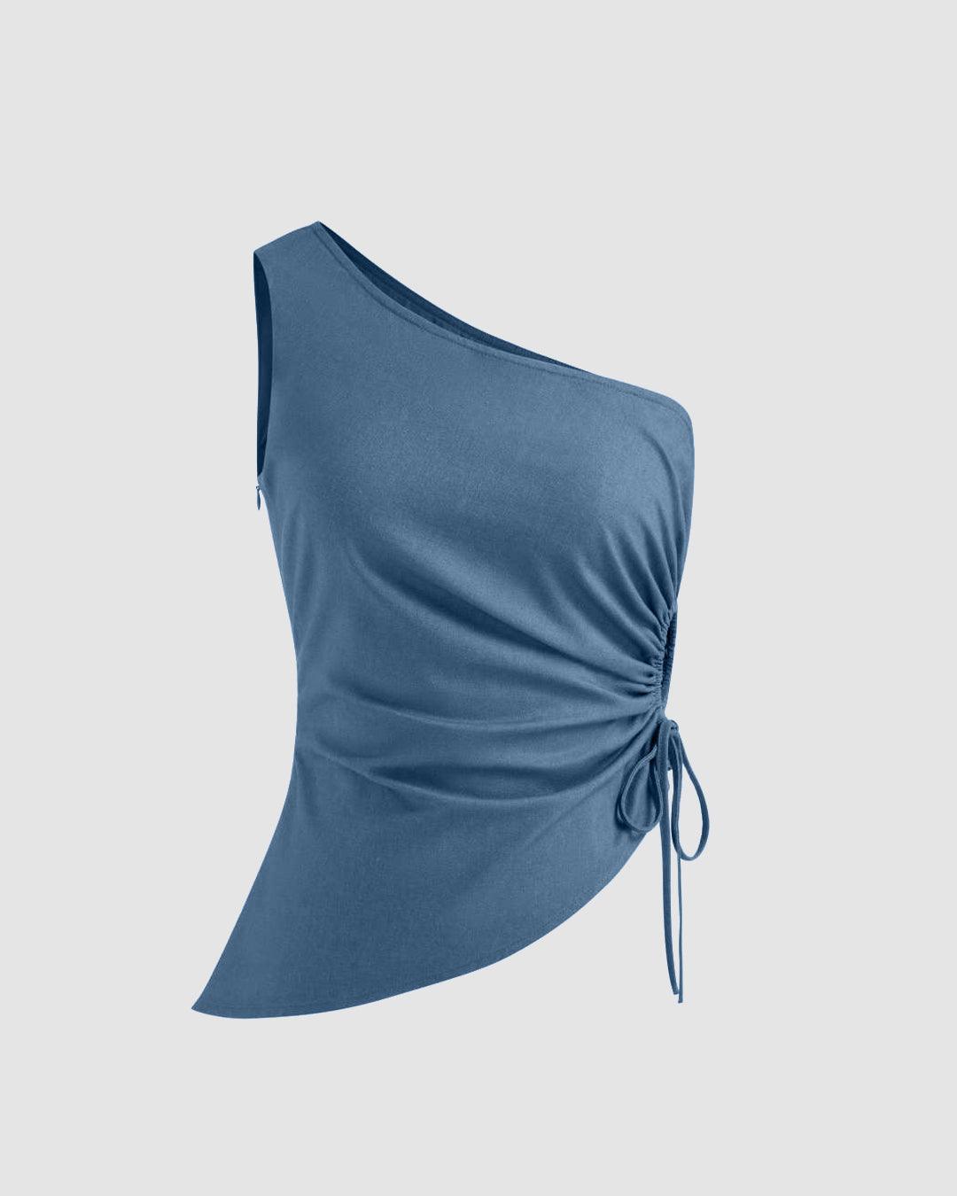 Asymmetrical Neck Solid Drawstring Blue Top