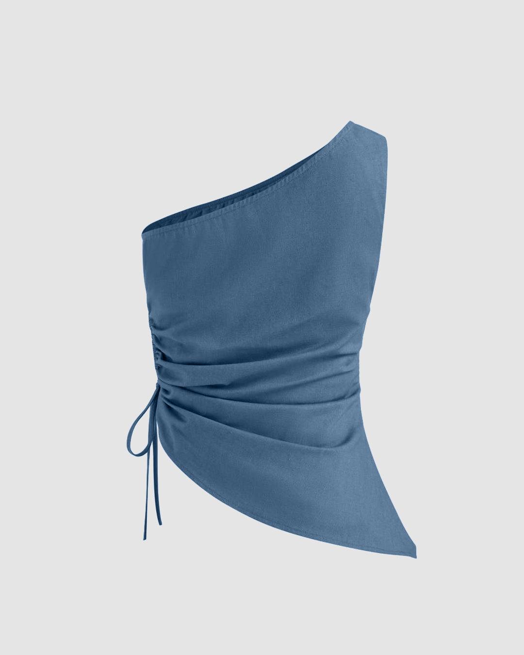 Asymmetrical Neck Solid Drawstring Blue Top