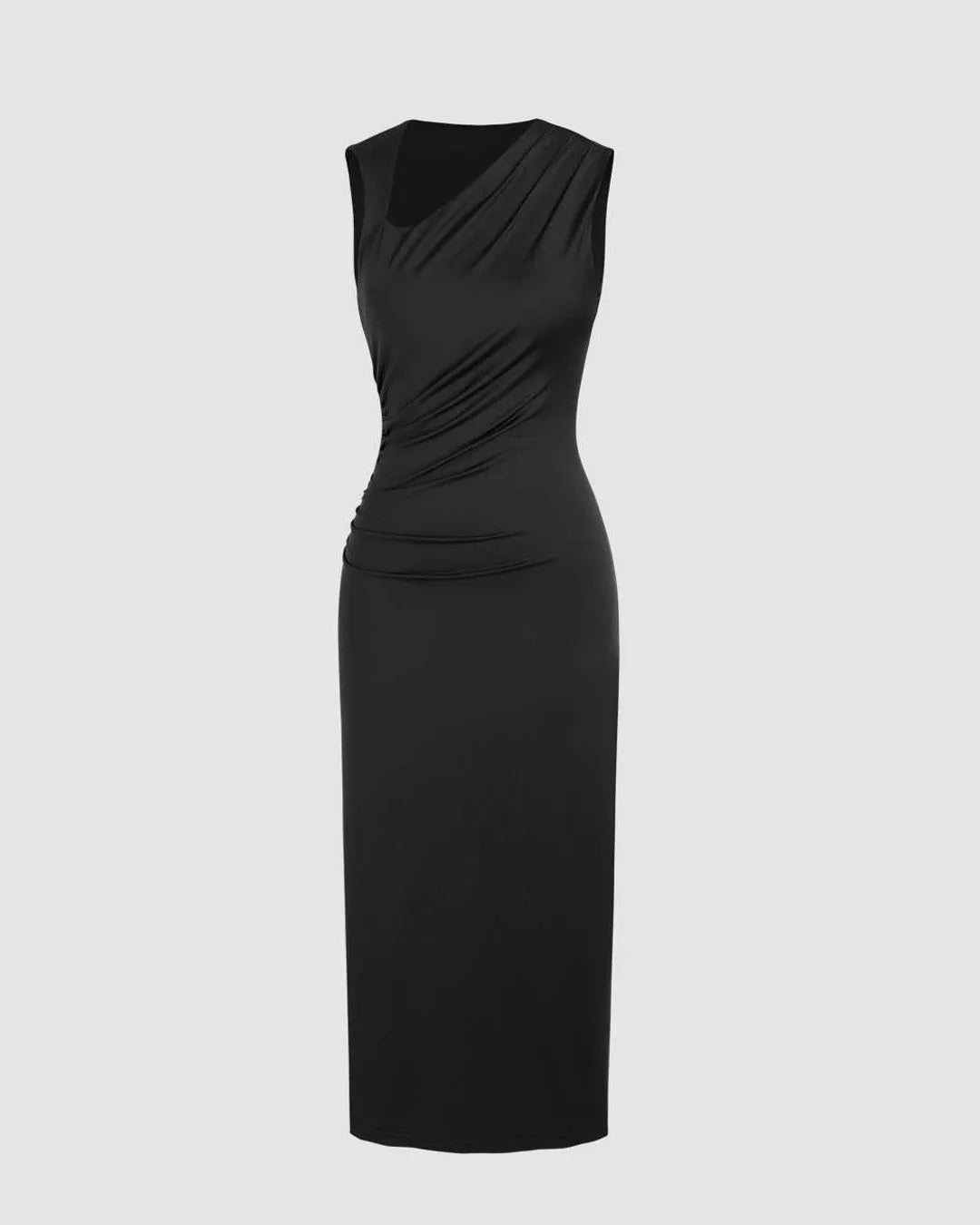 Asymmetrical Neck Solid Ruched Black Maxi Dress