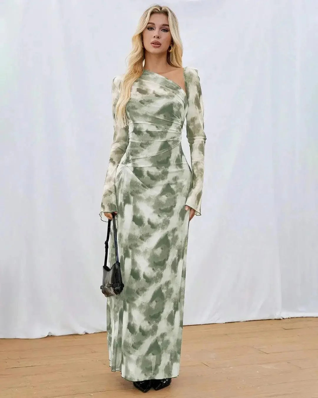 Asymmetrical Neck Tie Dye Mesh Flared Long Dress