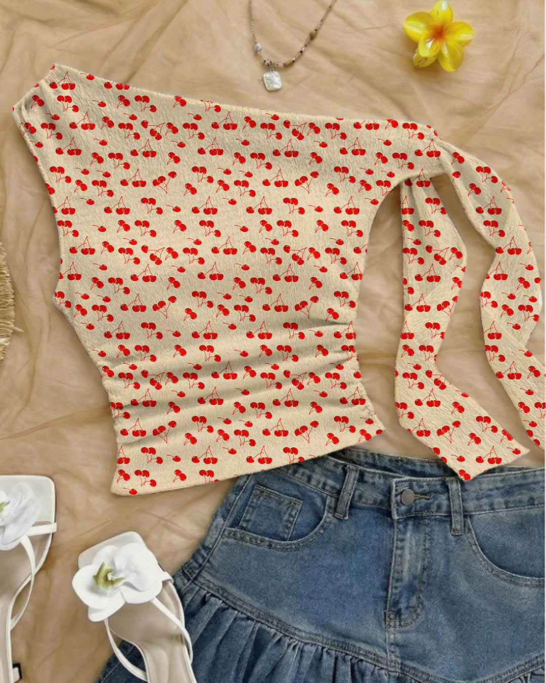 Asymmetrical Shoulder Tie Strap Flowy Fitted Top
