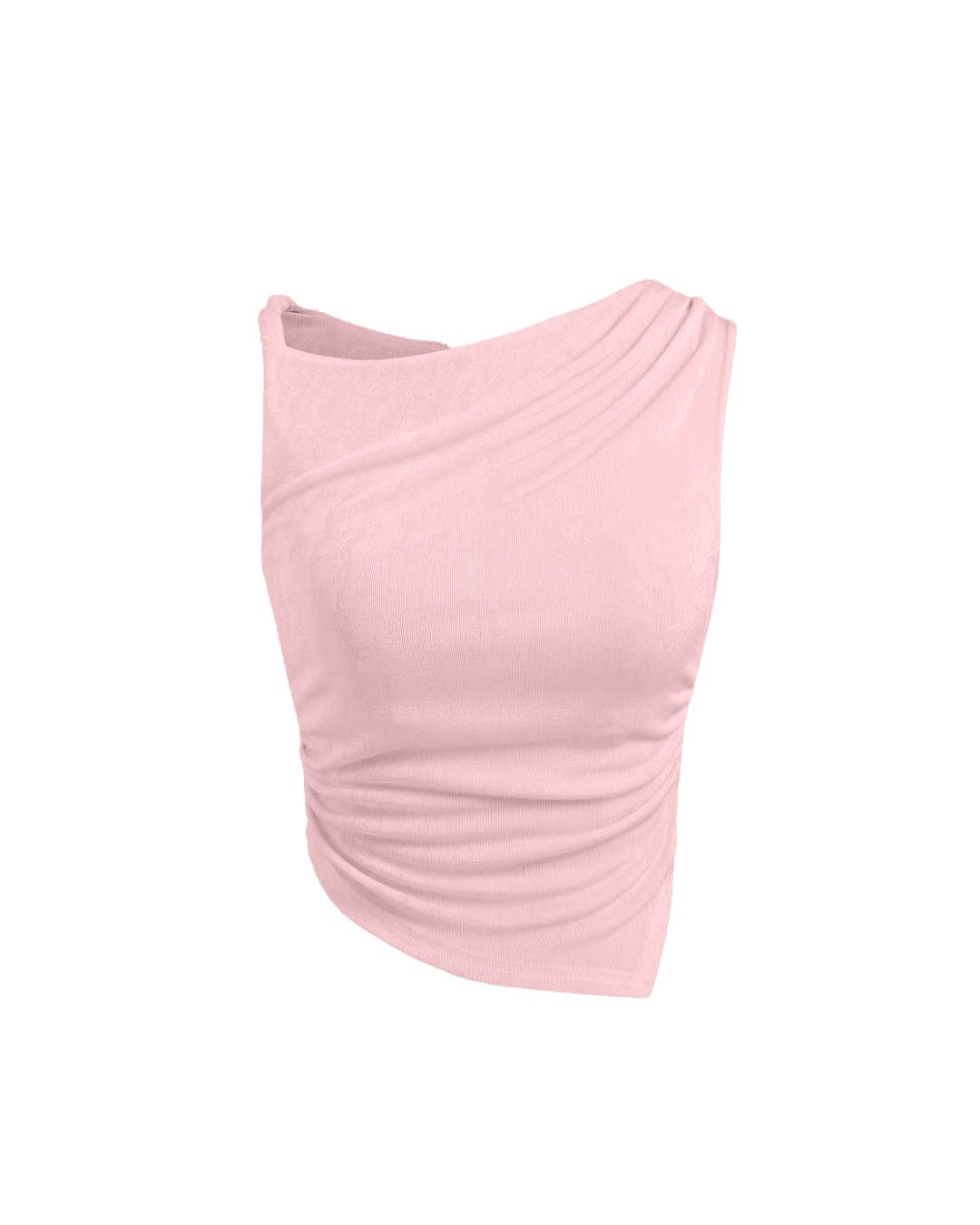 Asymmetrical Twist Ruched Sleeveless  Pink Top
