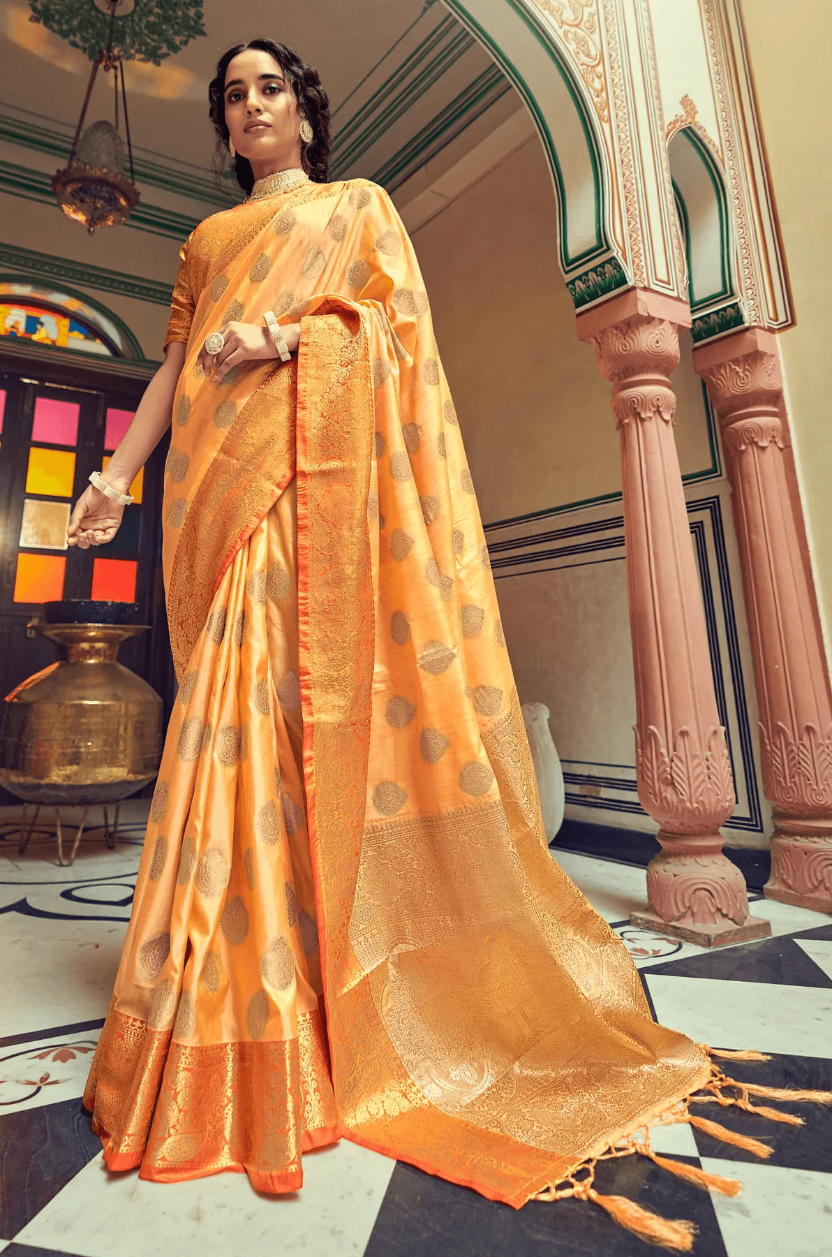 Scrumptious Orange Soft Banarasi Silk Saree With Phenomenal Blouse Piece