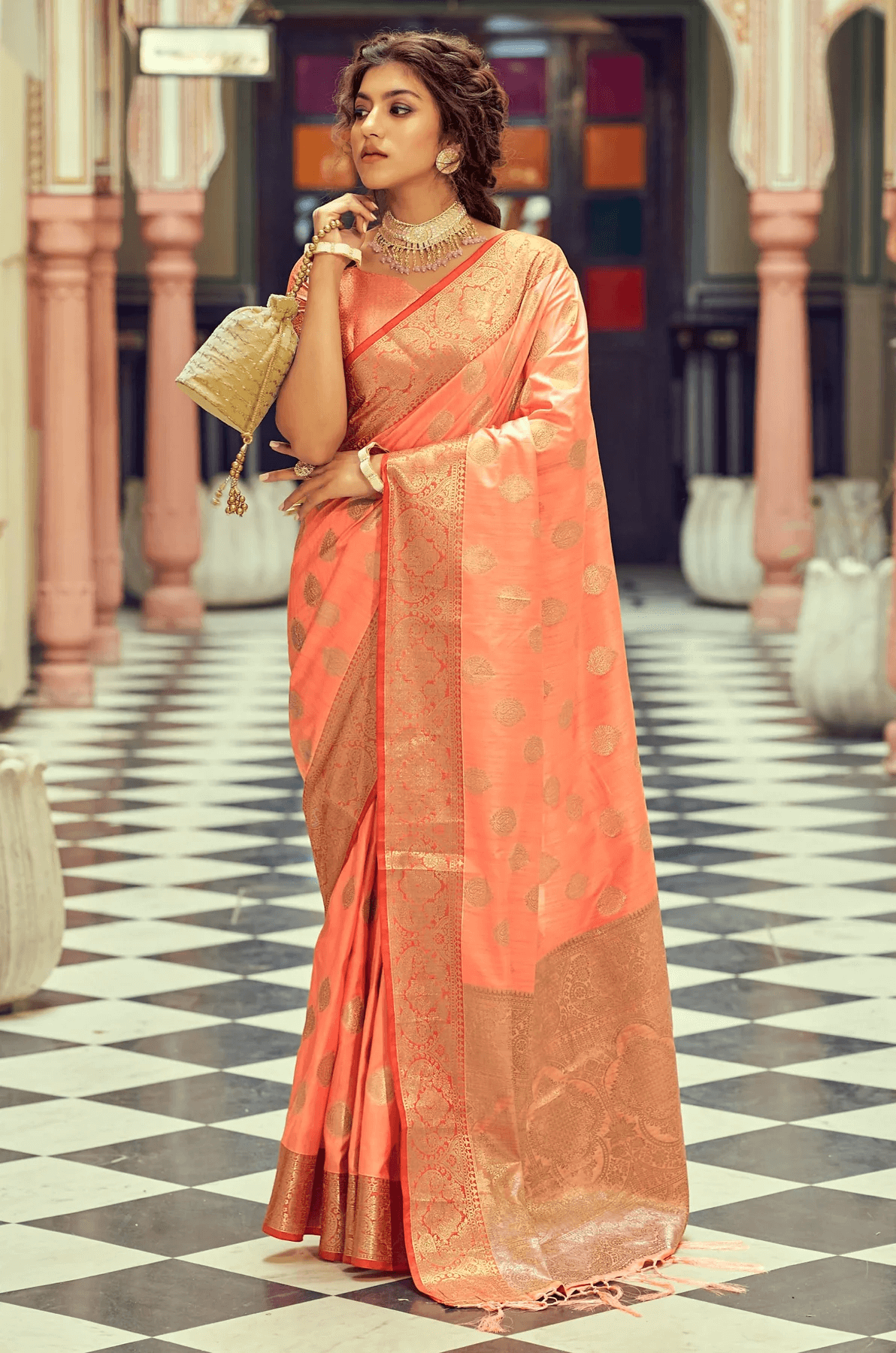 Luxuriant Peach Soft Banarasi Silk Saree With Adorable Blouse Piece
