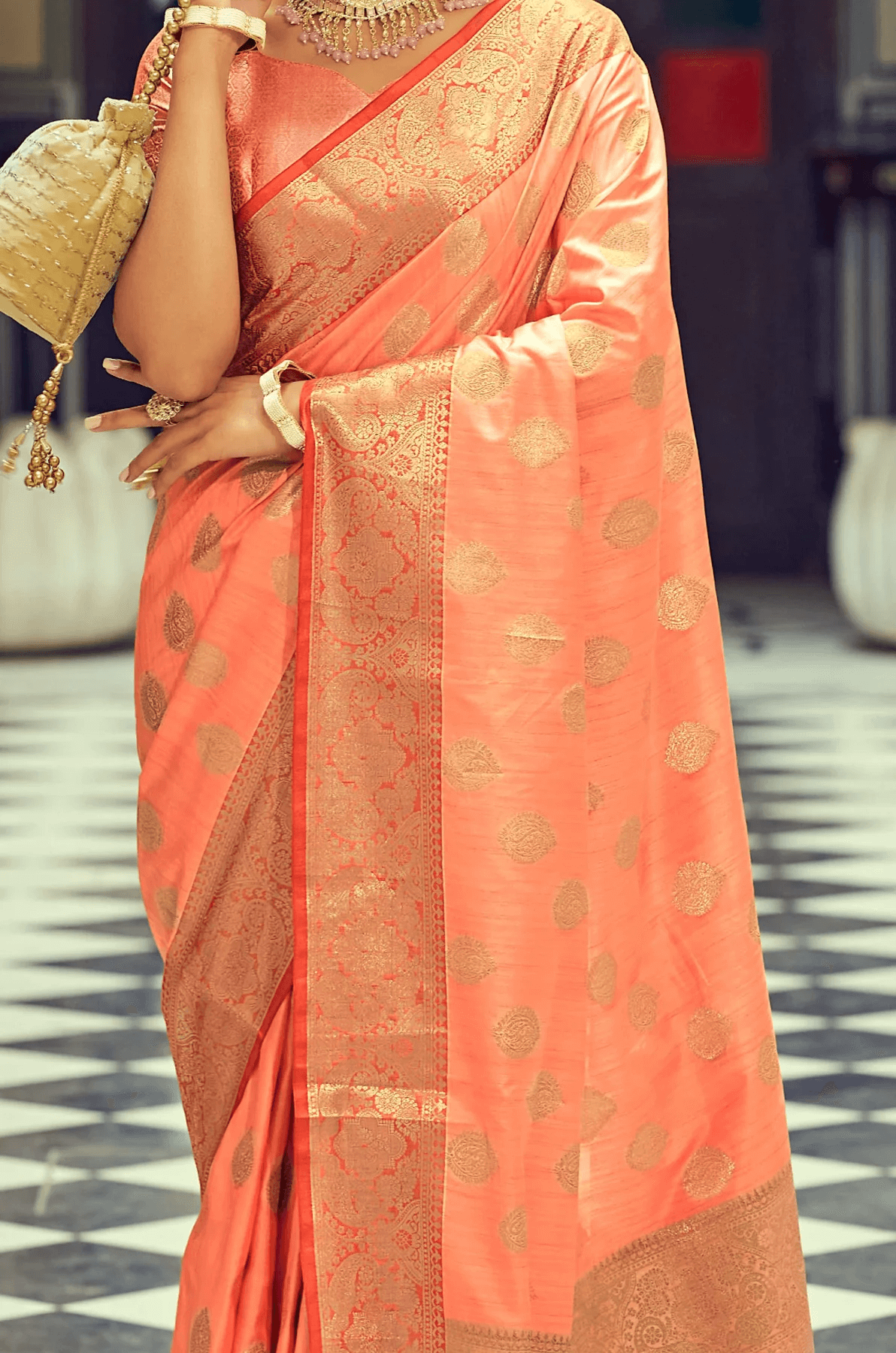 Luxuriant Peach Soft Banarasi Silk Saree With Adorable Blouse Piece