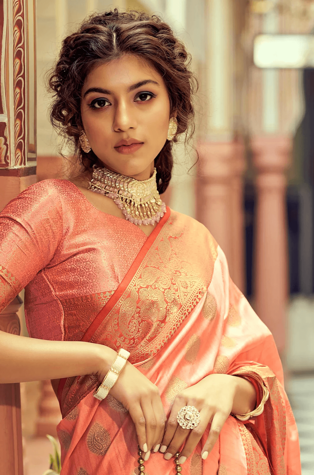 Luxuriant Peach Soft Banarasi Silk Saree With Adorable Blouse Piece