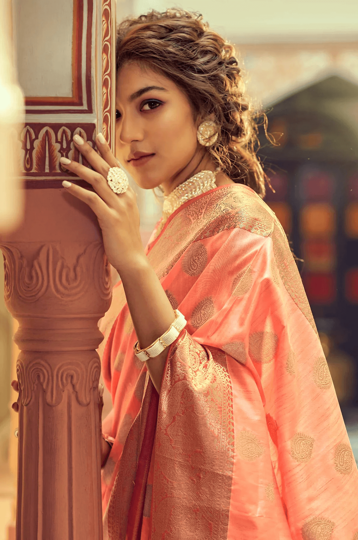 Luxuriant Peach Soft Banarasi Silk Saree With Adorable Blouse Piece