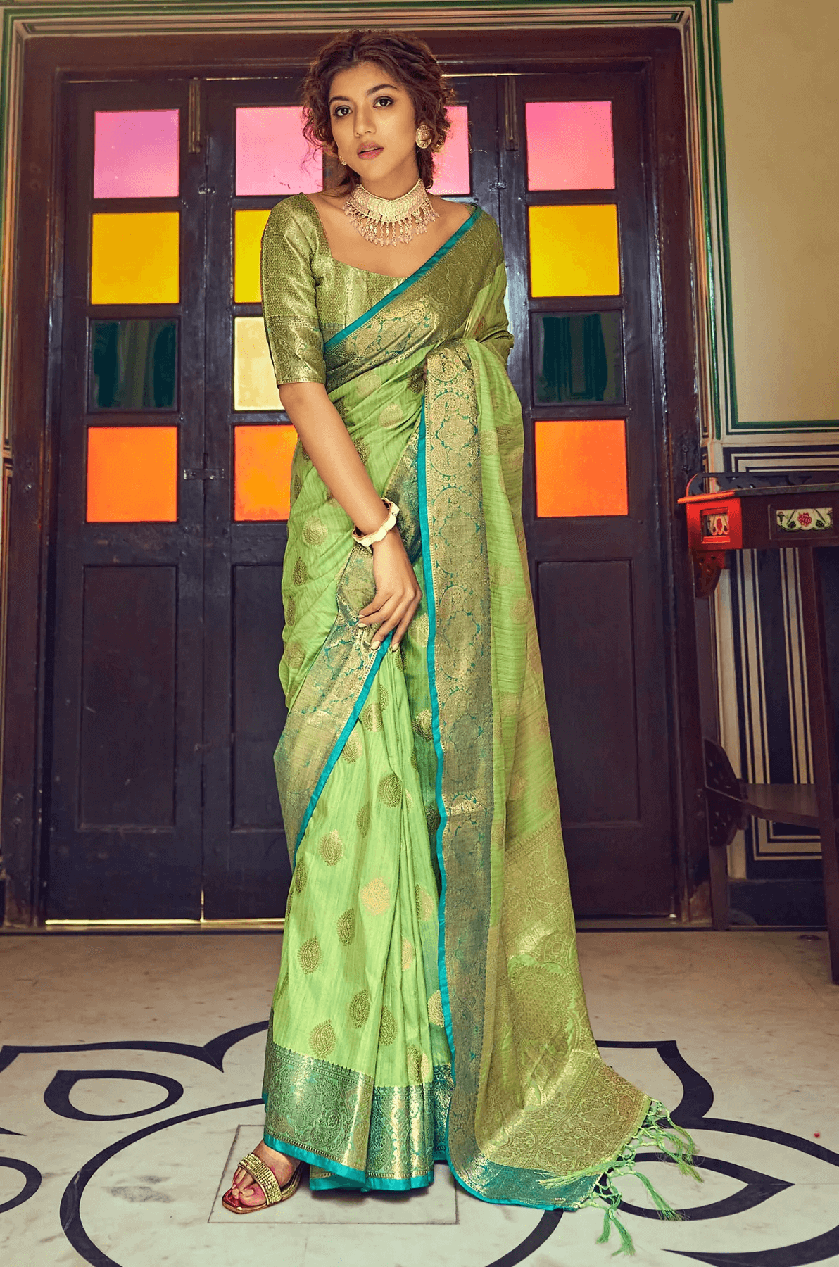 Devastating Pista Soft Banarasi Silk Saree With Majesty Blouse Piece