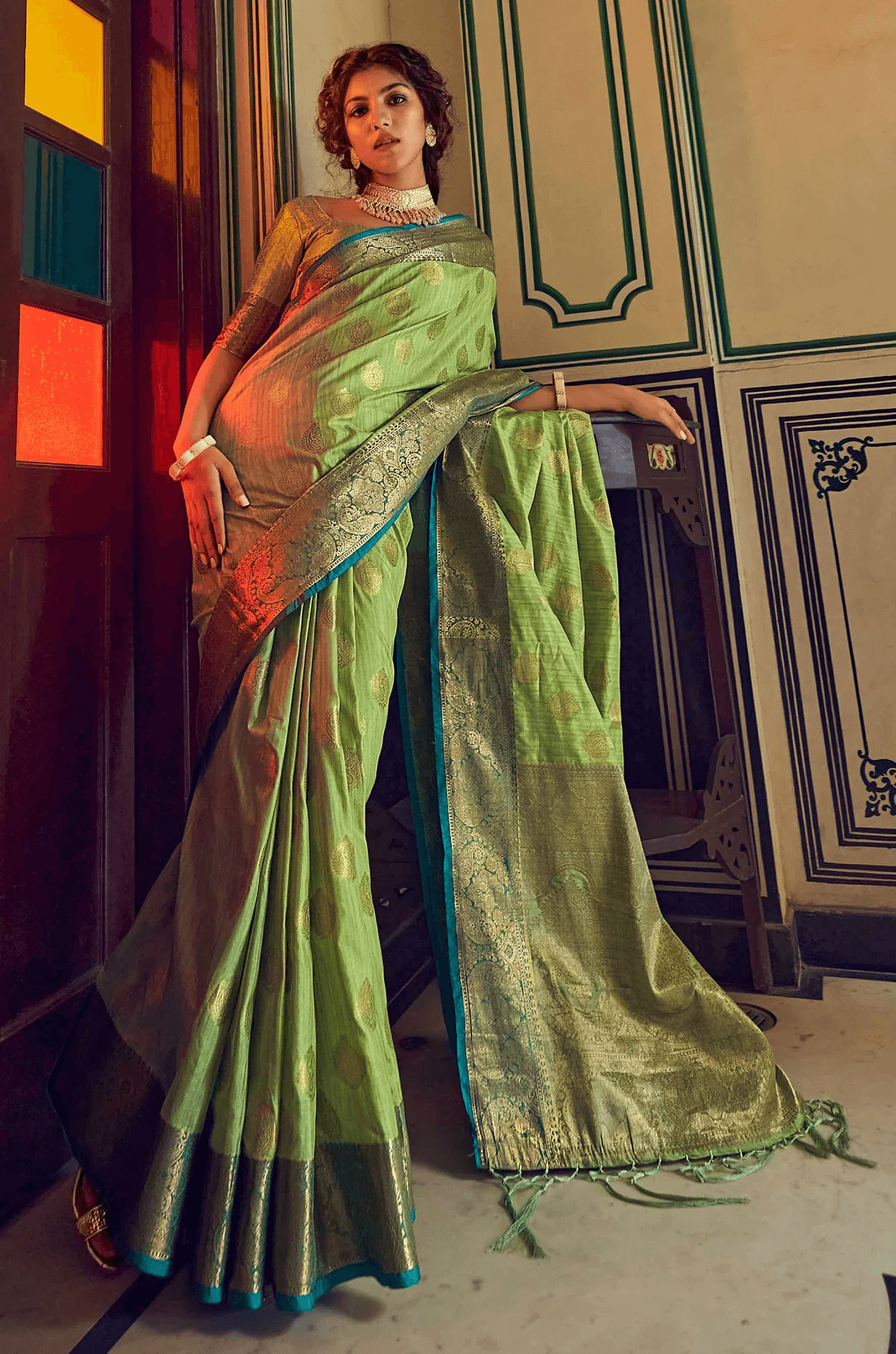 Devastating Pista Soft Banarasi Silk Saree With Majesty Blouse Piece