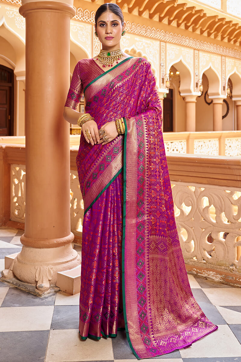 Quintessential Purple Soft Patola Silk Saree With Gossamer Blouse Piece