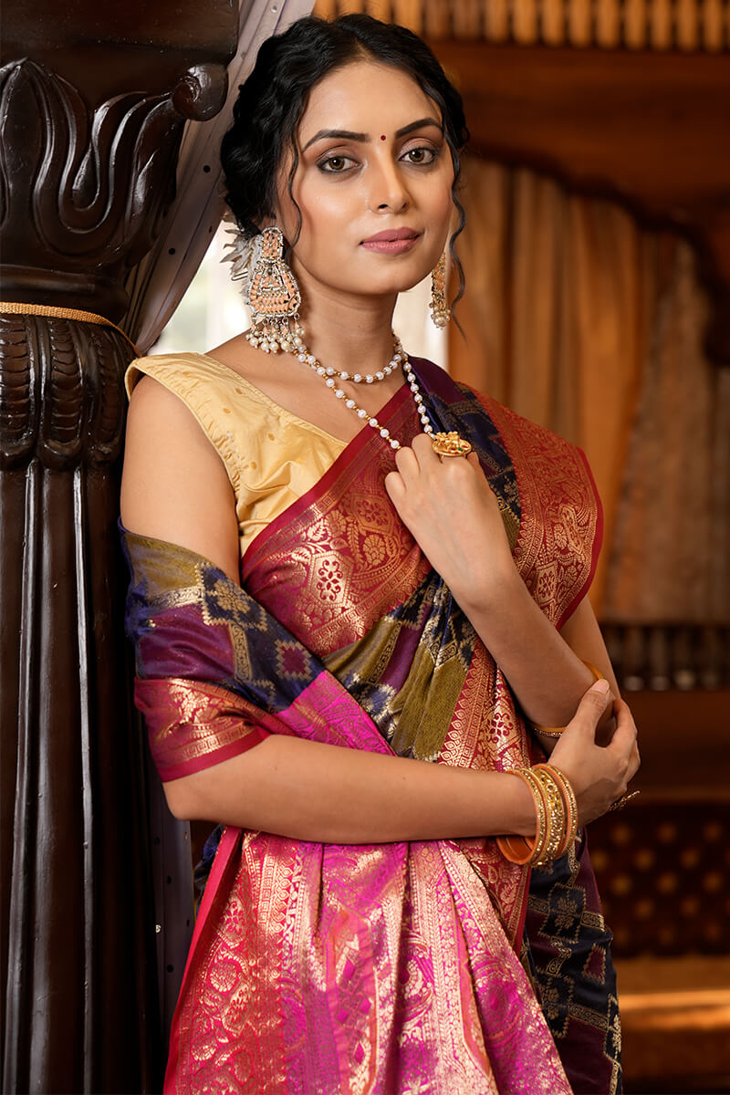 Gorgeous Navy Blue Organza Silk Saree With Wonderful Amazing Piece