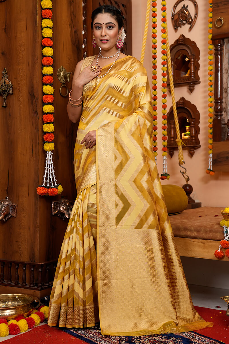 Traditional Mustard Organza Silk Saree With Fairytale Blouse Piece