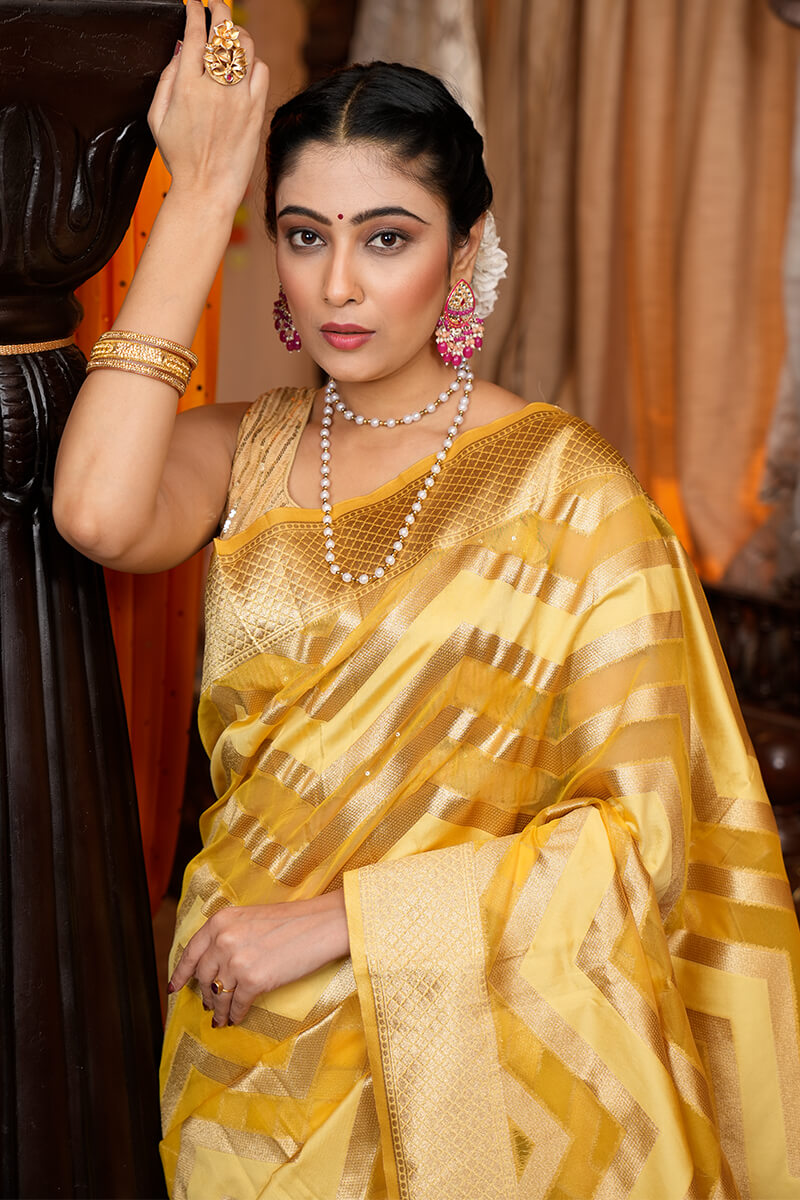 Traditional Mustard Organza Silk Saree With Fairytale Blouse Piece