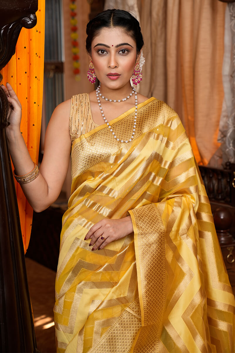 Traditional Mustard Organza Silk Saree With Fairytale Blouse Piece