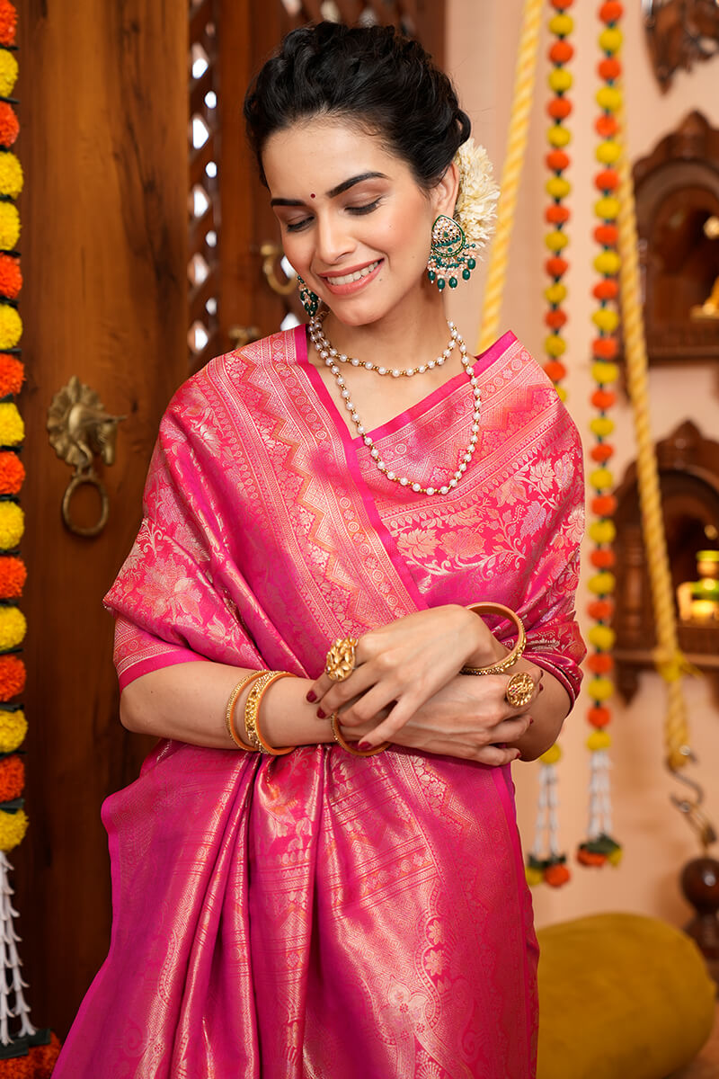 Bewitching Pink Soft Silk Saree With Divine Blouse Piece