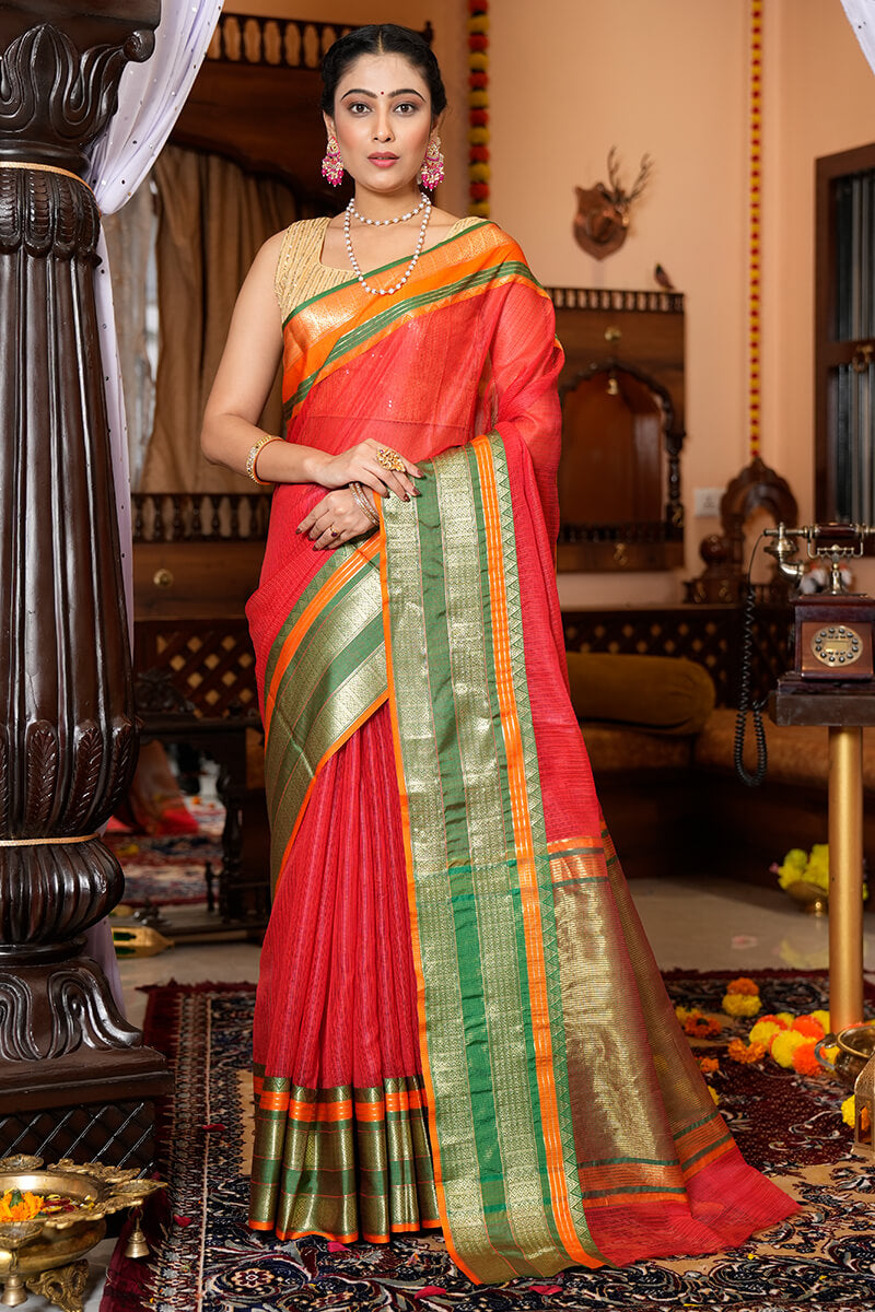 Elision Red Soft Silk Saree With Amiable Blouse Piece
