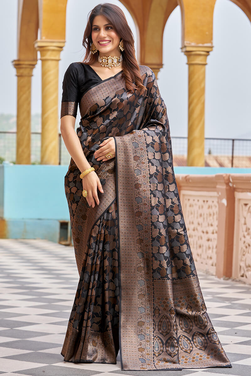 Stunning Black Kanjivaram Silk Saree With Divine Blouse Piece