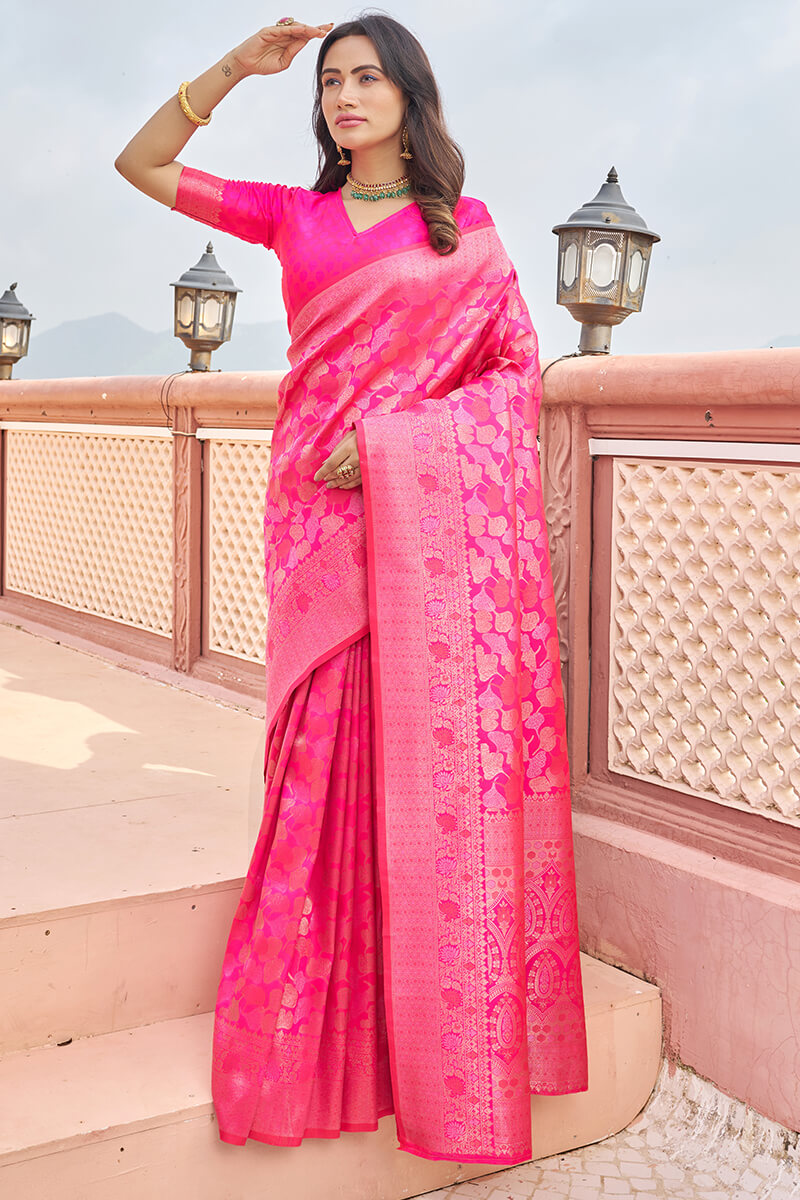 Marvellous Dark Pink Kanjivaram Silk Saree With Assemblage Blouse Piece
