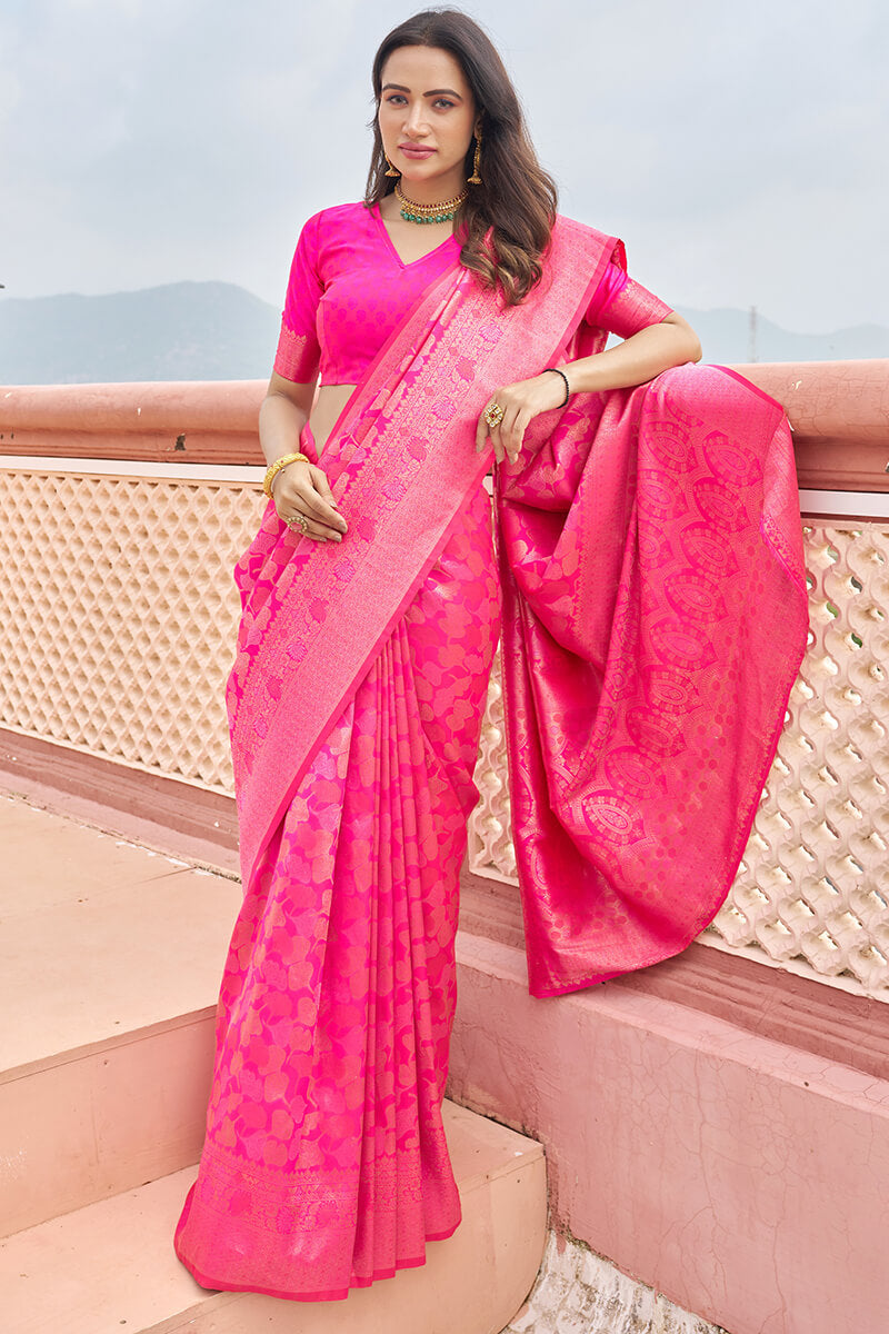 Marvellous Dark Pink Kanjivaram Silk Saree With Assemblage Blouse Piece
