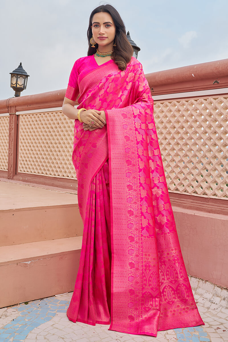 Marvellous Dark Pink Kanjivaram Silk Saree With Assemblage Blouse Piece
