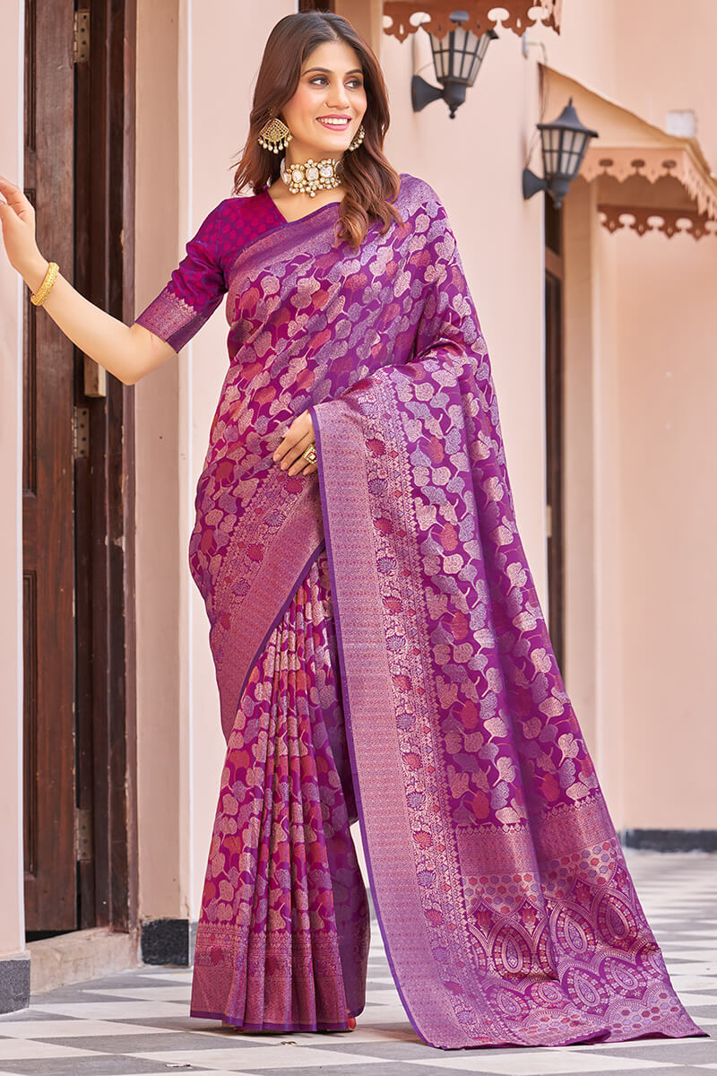 Flattering Purple Kanjivaram Silk Saree With Desuetude Blouse Piece