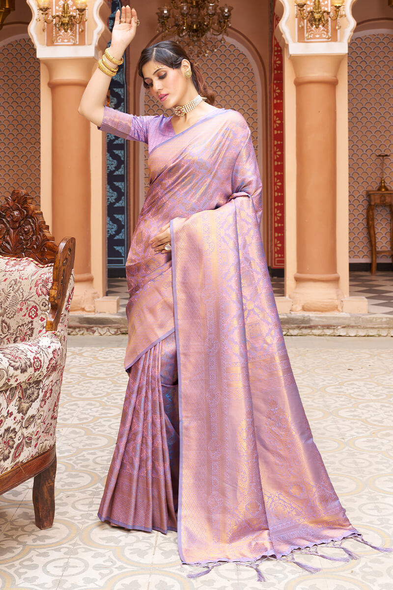Gorgeous Lavender Kanjivaram Silk Saree With Incredible Blouse Piece