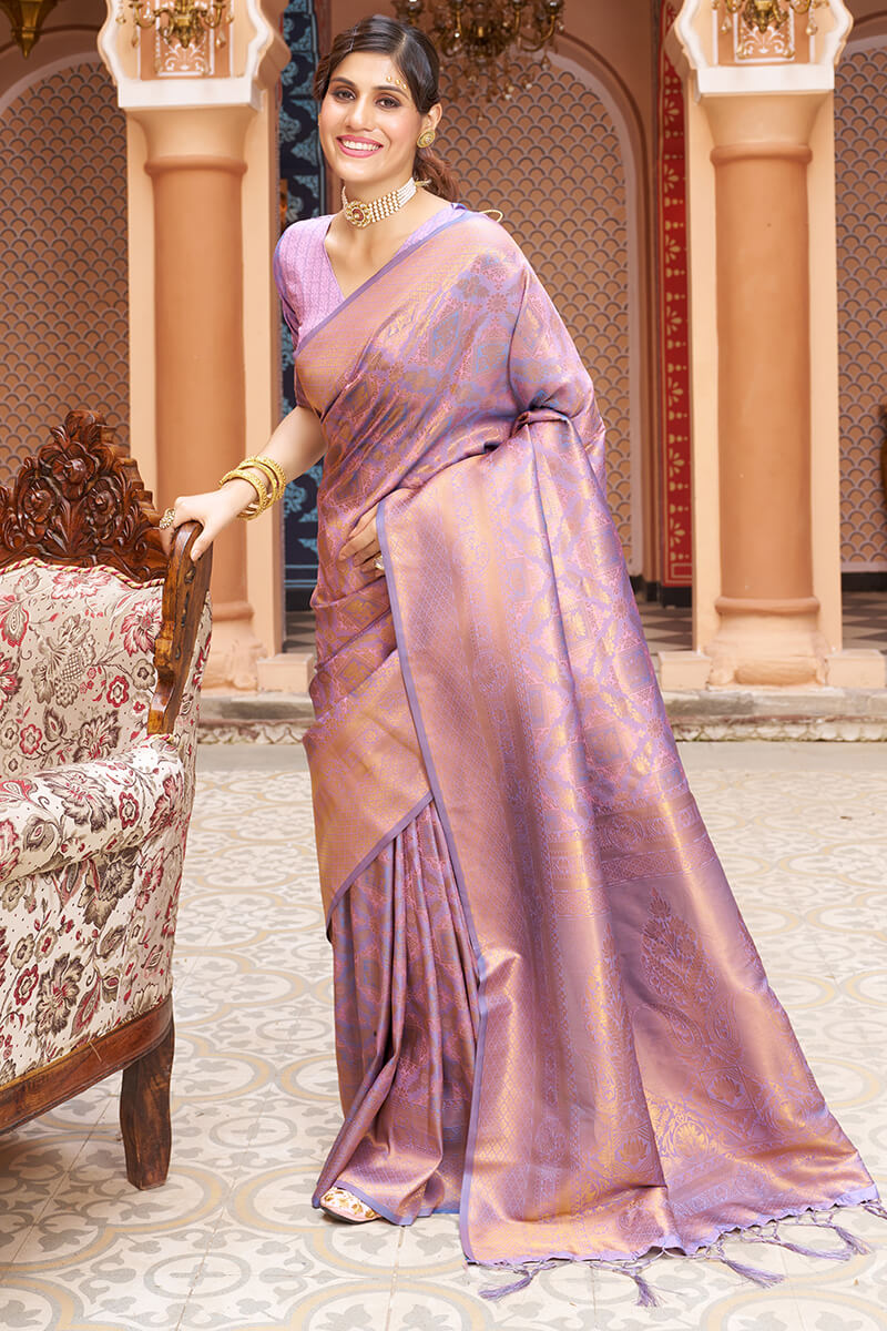 Gorgeous Lavender Kanjivaram Silk Saree With Incredible Blouse Piece