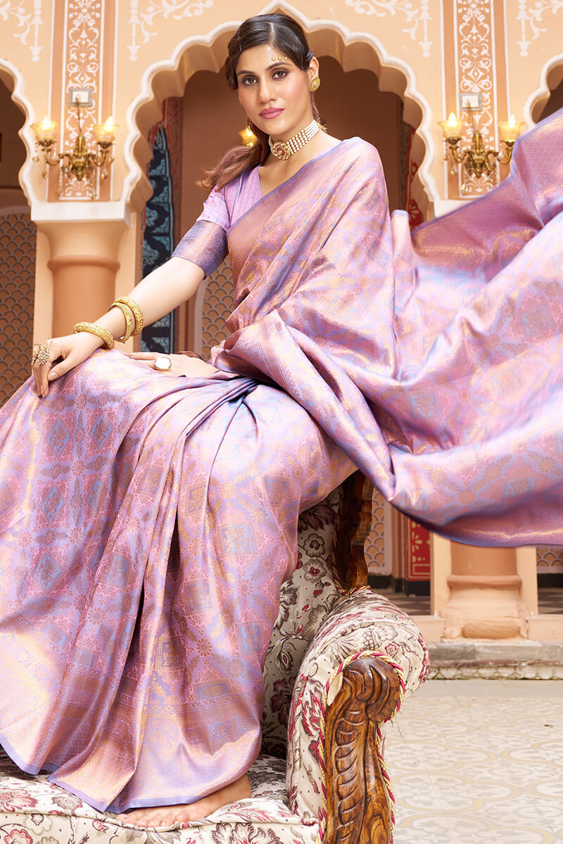 Gorgeous Lavender Kanjivaram Silk Saree With Incredible Blouse Piece
