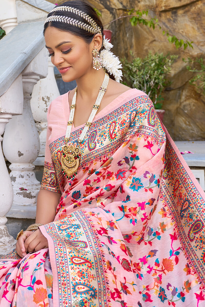 Sensational Baby Pink Pashmina saree With Lissome Blouse Piece
